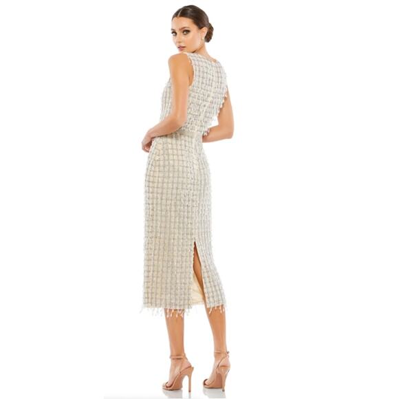 Mac Duggal 14 nude Sleeveless High Neck Beaded Midi Sheath Dress dangling sequin - Picture 3 of 10